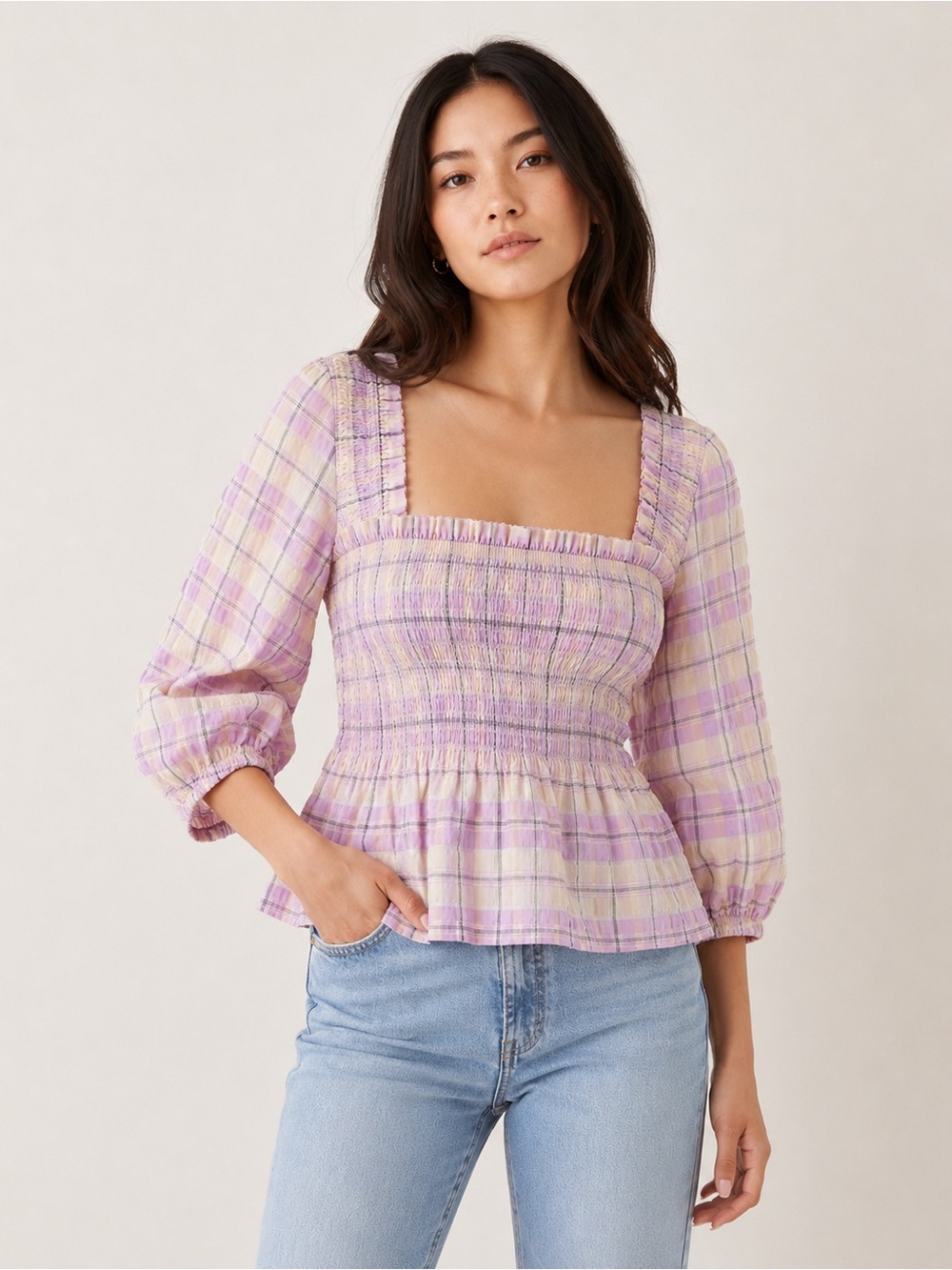 GANNI NWT Orchid Bloom Smocked Seersucker Plaid Peplum Blouse EU 44 L